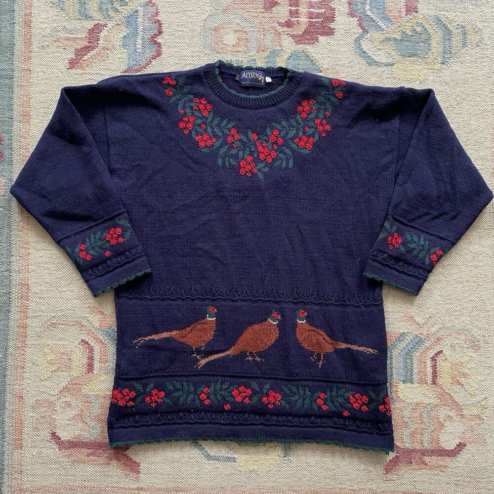 Vintage Acorn Pheasants Sweater 80s Medium Wool Made in UK Floral